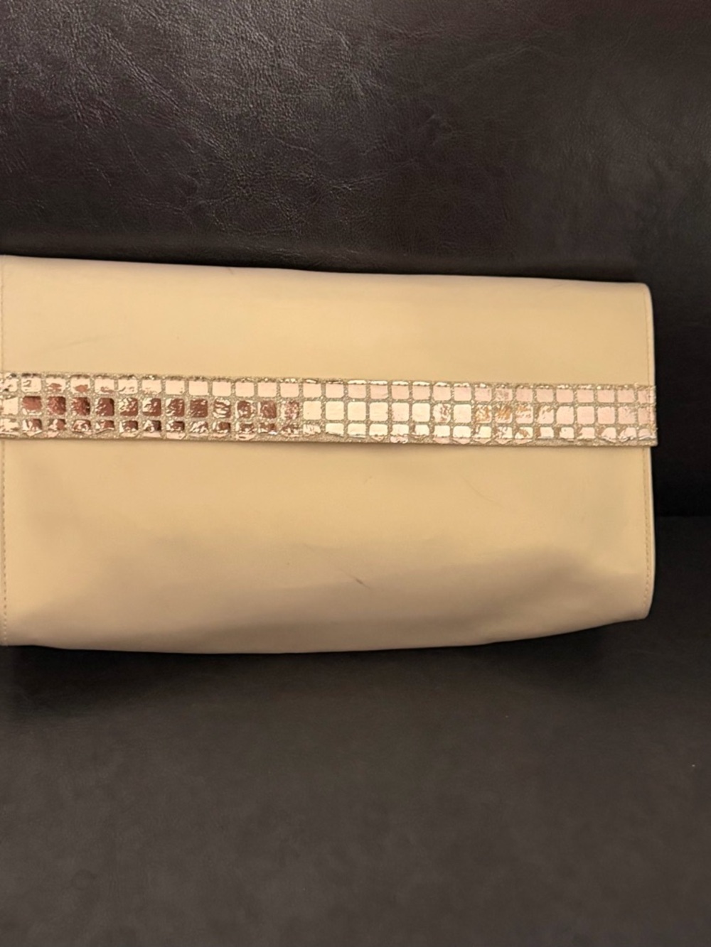 Vintage Christian Dior Cream Leather Clutch with Rose-Gold Mosaic Accent